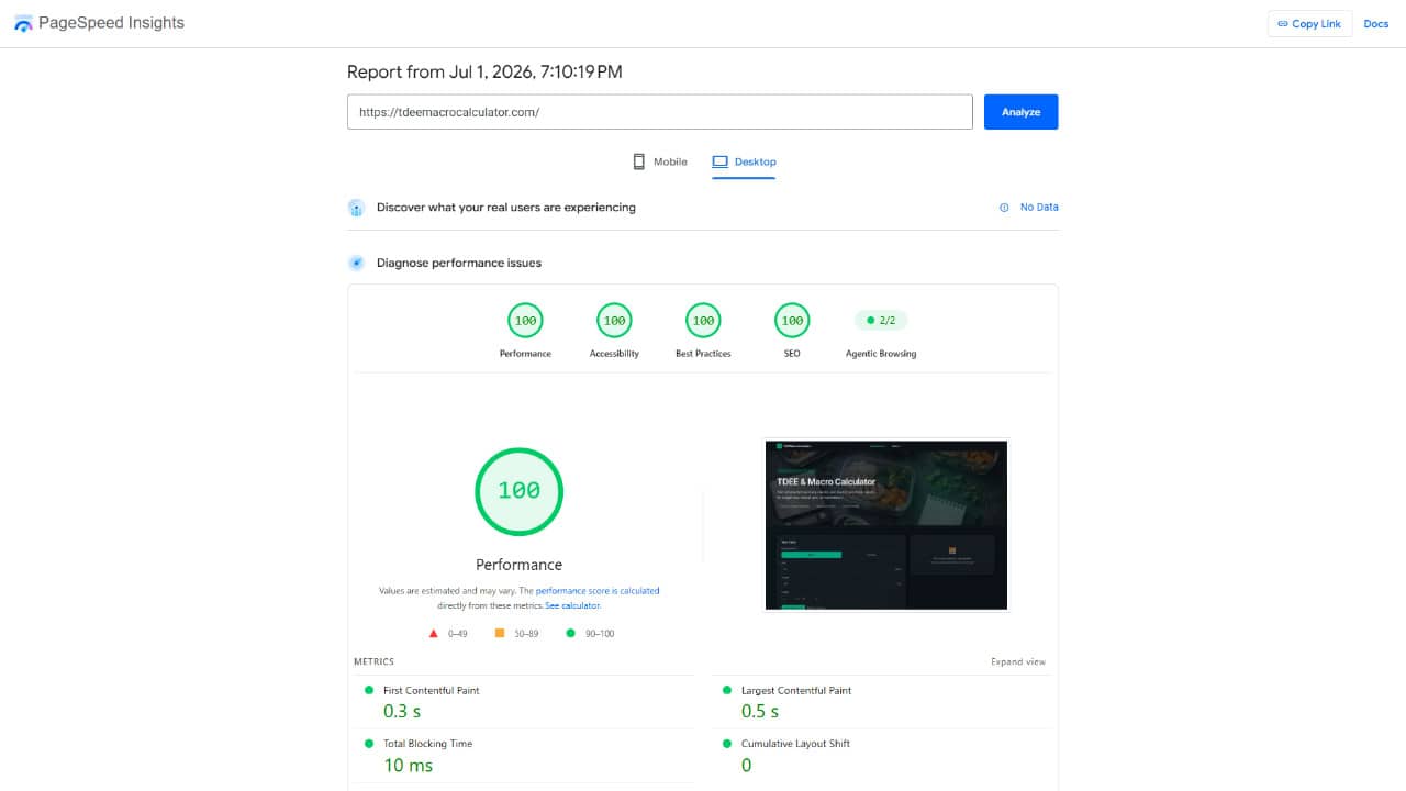 TDEEMacroCalculator.com PageSpeed Insights