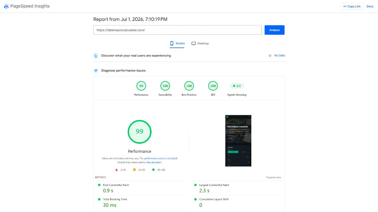 TDEEMacroCalculator.com PageSpeed Insights